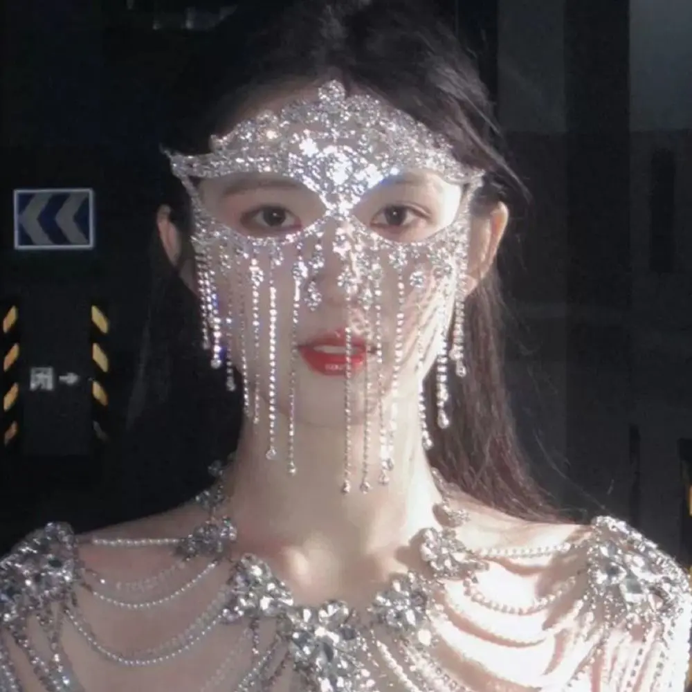 

Veil Rhinestone Mask Full Face Face Chain Masquerade Mask Carnival Costume Props Tassel Facial Jewelry Accessories Women