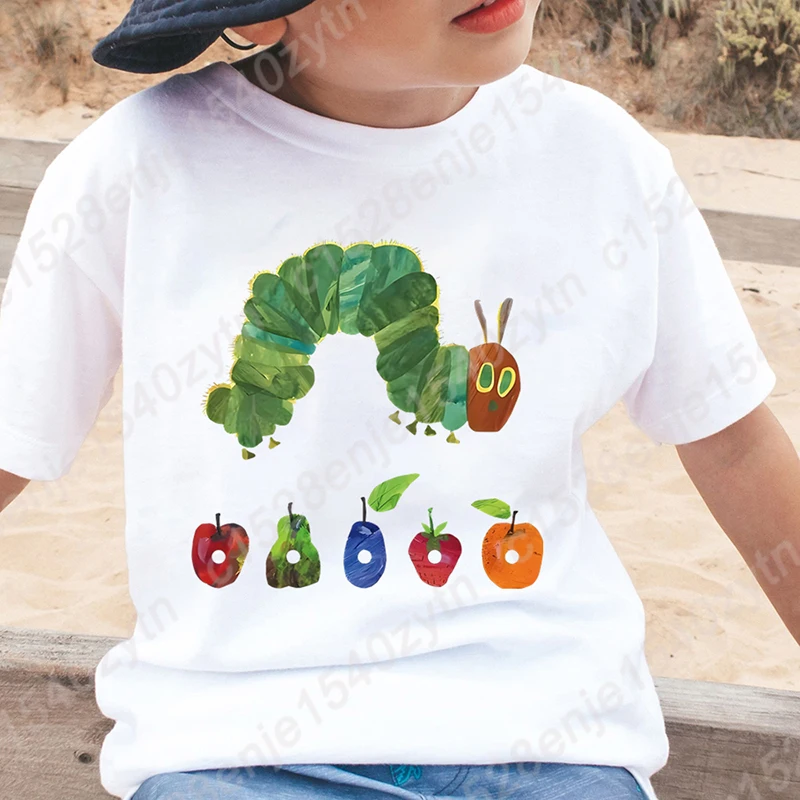 Cartoon Caterpillar and Fruit Print Short Sleeve T-Shirt for Boys, Summer Casual Crew Neck Tee Gift