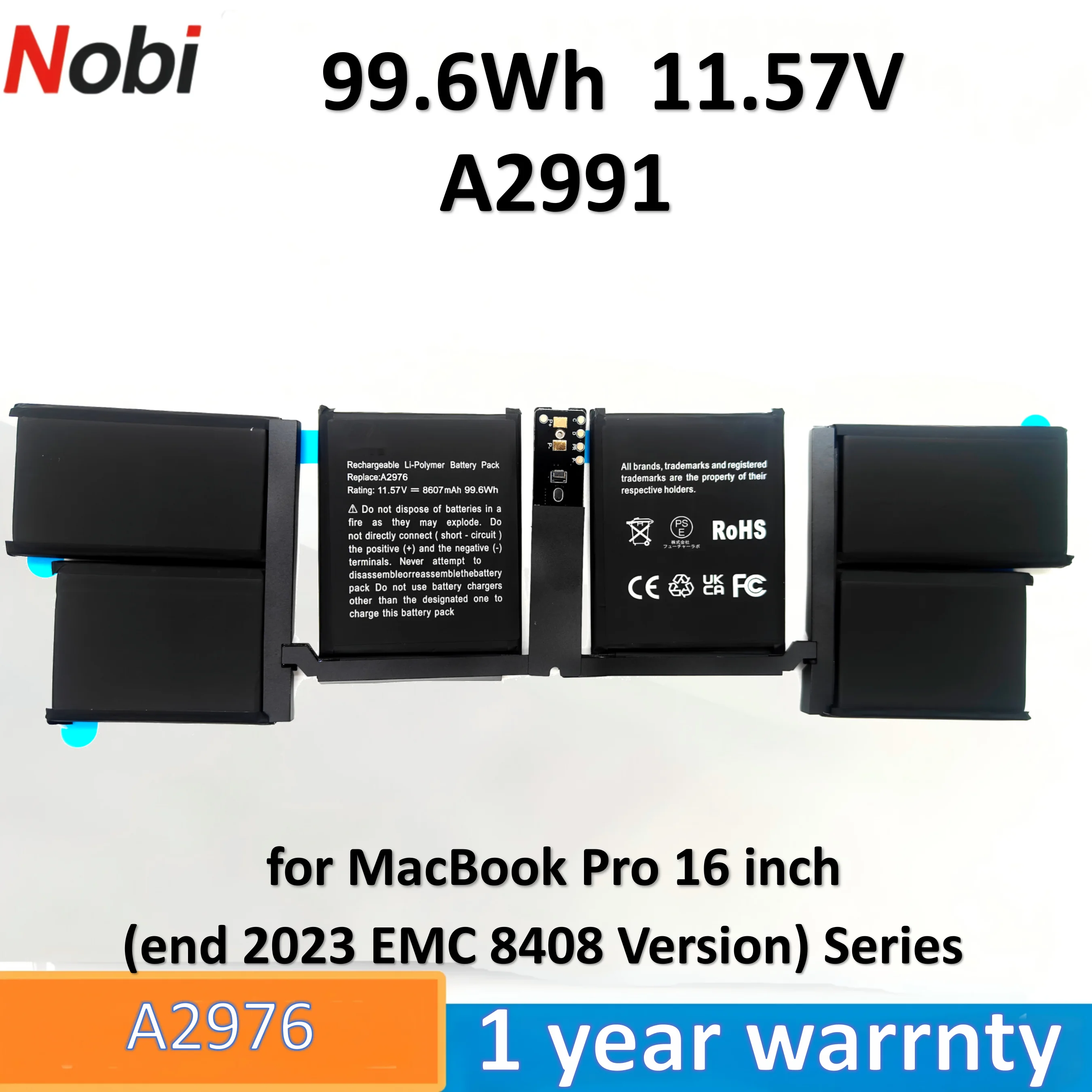 Nobi A2976 Battery for MacBook Pro 16 inch (end 2023 EMC 8408 Version) Compatible Part Number A2991 A2976 （99.6Wh-11.57V)