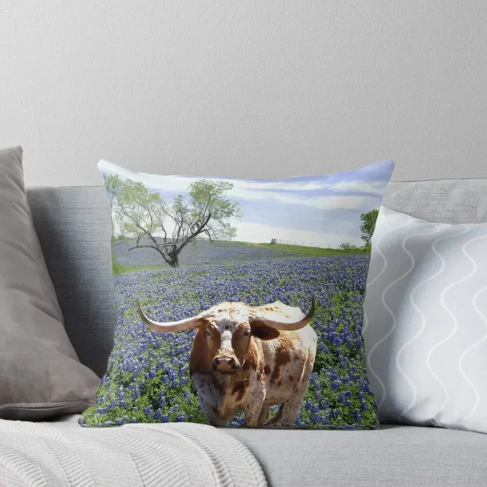 Bluebonnet Field and Longhorn Steer Throw Pillow Decorative Sofa Cushion Couch Cushions pillow