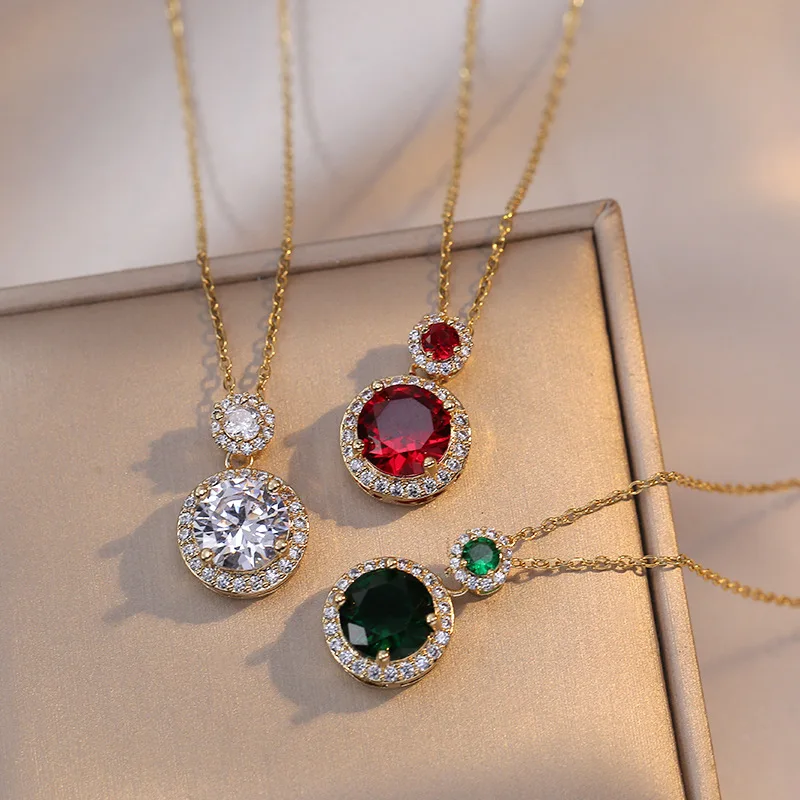 Classic Green Red Stone Round Pendant Clavicle Necklaces For Women Antique Gold Color White Zircon Wedding Engagement Choker CZ