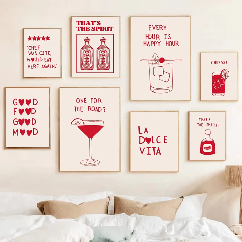1pc Minimalist Kitchen Cooking Art Poster Red Cocktail Drinking Heart Red Quotes Canvas Print Home Kitchen Living Room Decor