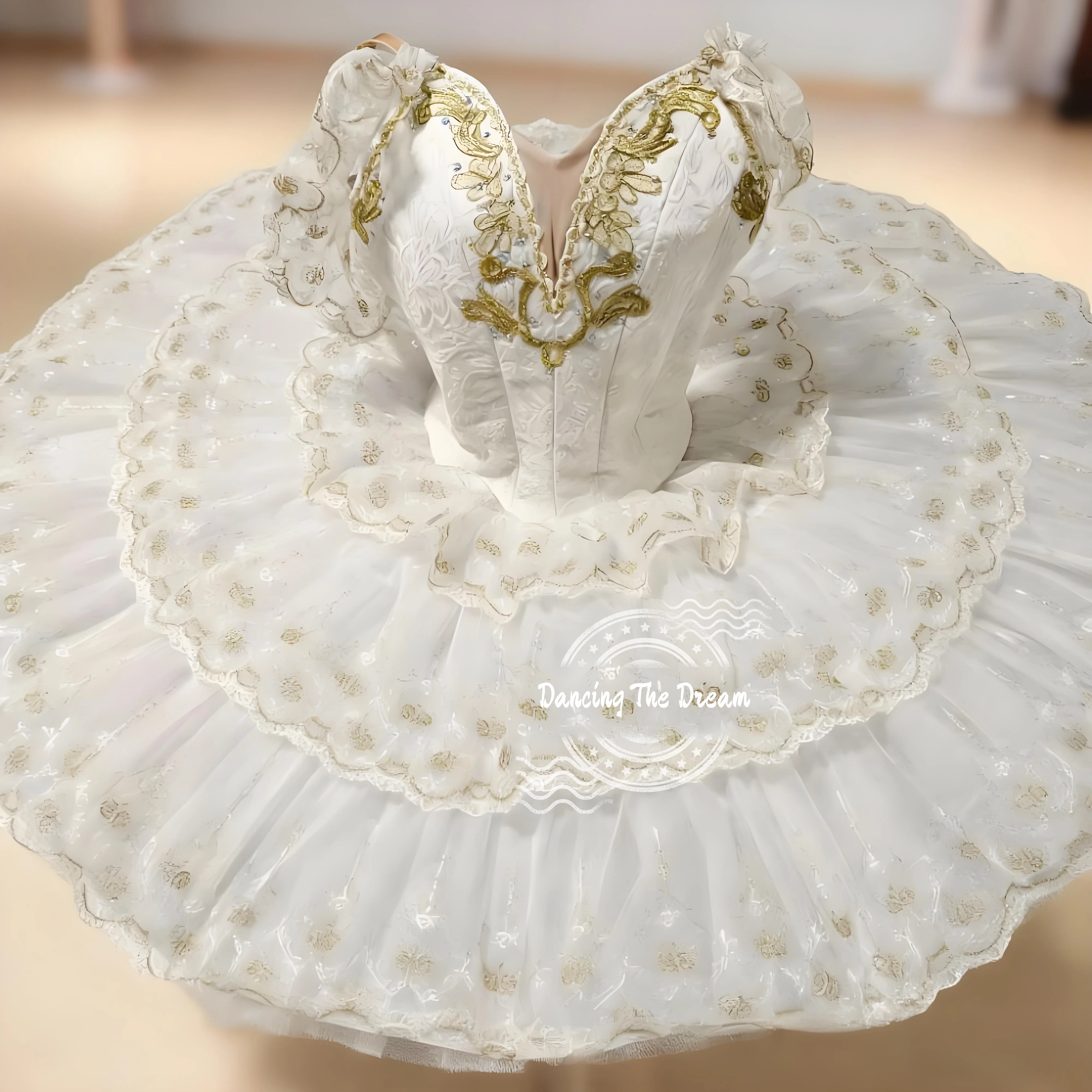 Fantasia de tutu de balé com bordado floral branco e dourado para meninas, roupa de dança elegante para performance e recital