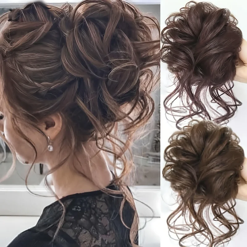 Blonde Highlight Messy Bun Hair Piece Elastic Curly Chignon Synthetic Hair Scrunchie For Women