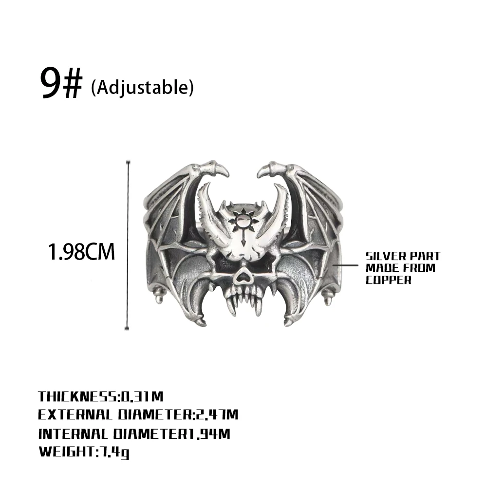 القوطية الخفافيش الجمجمة الدائري للرجال ريترو واسعة قابل للتعديل السائق الدائري هالوين مصاص دماء مجوهرات شخصية فن الديكور الدائري فاسق #6