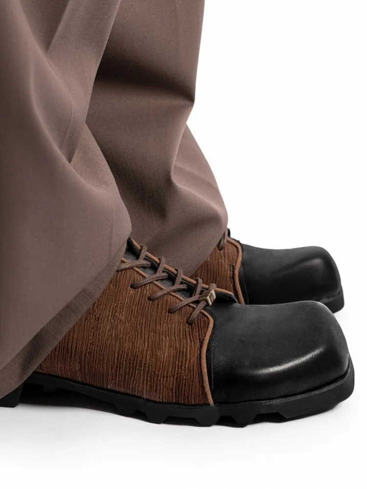 Comfortable Mens Vintage Lace Up Patchwork Cowhide Genuine Leather Dress Shoes Formal Square Tos Business Work Shoes Designer