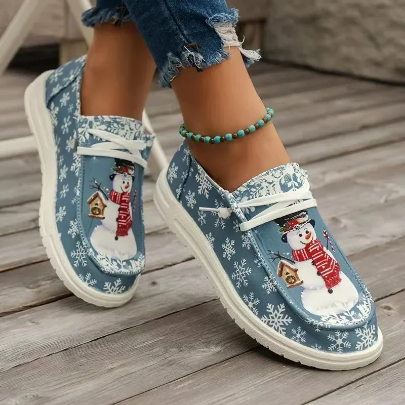 

Mocasines transpirables con cordones Para mujer, Zapatos planos de lona, estampado navideño, talla grande