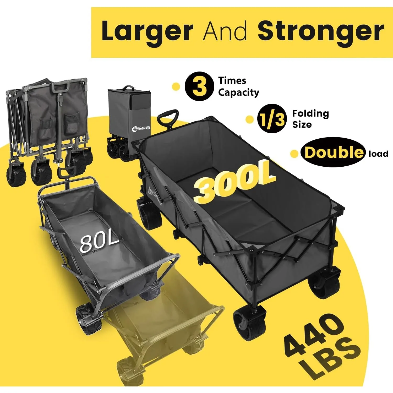 48''L Collapsible Foldable Extended Wagon with 440lbs Weight Capacity, Heavy Duty 300L Folding Utility Garden Cart，Grey