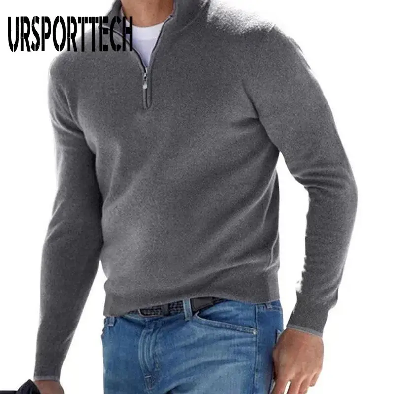 

URSPORTTECH 2024 New Autumn Men's Sweater Casual Knit Long Sleeved V-Neck Wool Zipper Coat Men's Casual Tops Business Polo Shirt