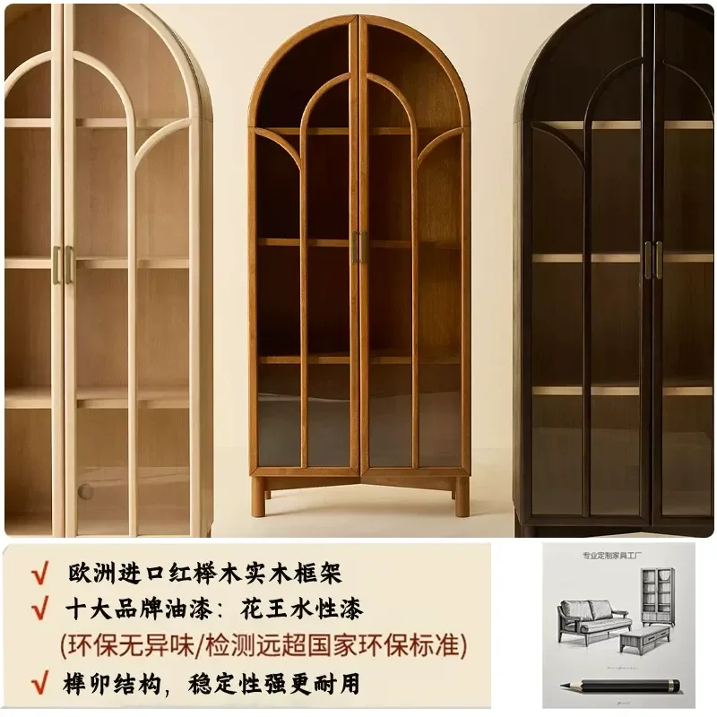 Retro Solid Wood Arched Bookcase Antique Living Room Side Cabinet Display Shelf American Light Luxury Wall Wine Storage Unit