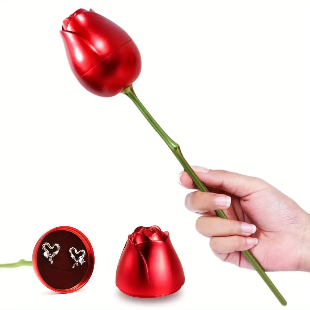 

Романтическая подарочная коробка для колец в форме розы, красная, для хранения ювелирных украшений, портативная, бархатная, для Дня святого Валентина