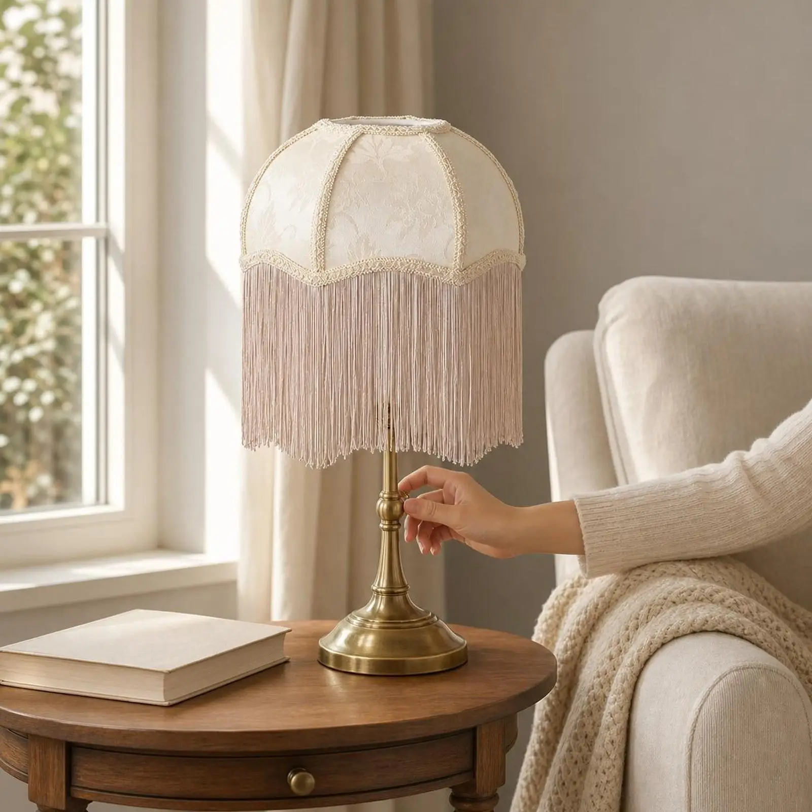 Cloth Lampshade with Tassels Fringe Classic Retro Style Lamp Cover, Table Lamp Shade for Indoor Bedroom Bedside Dining Room