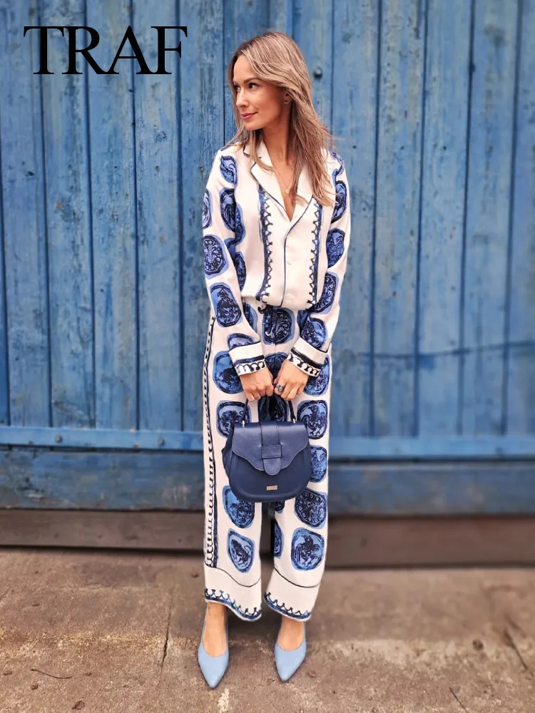 TRAF 2024 Women 2 Pieces Suit Blue Printed V Neck Long Sleeve Blouse Female Summer Fashion Loose Drawstring Elastic Waist Pants