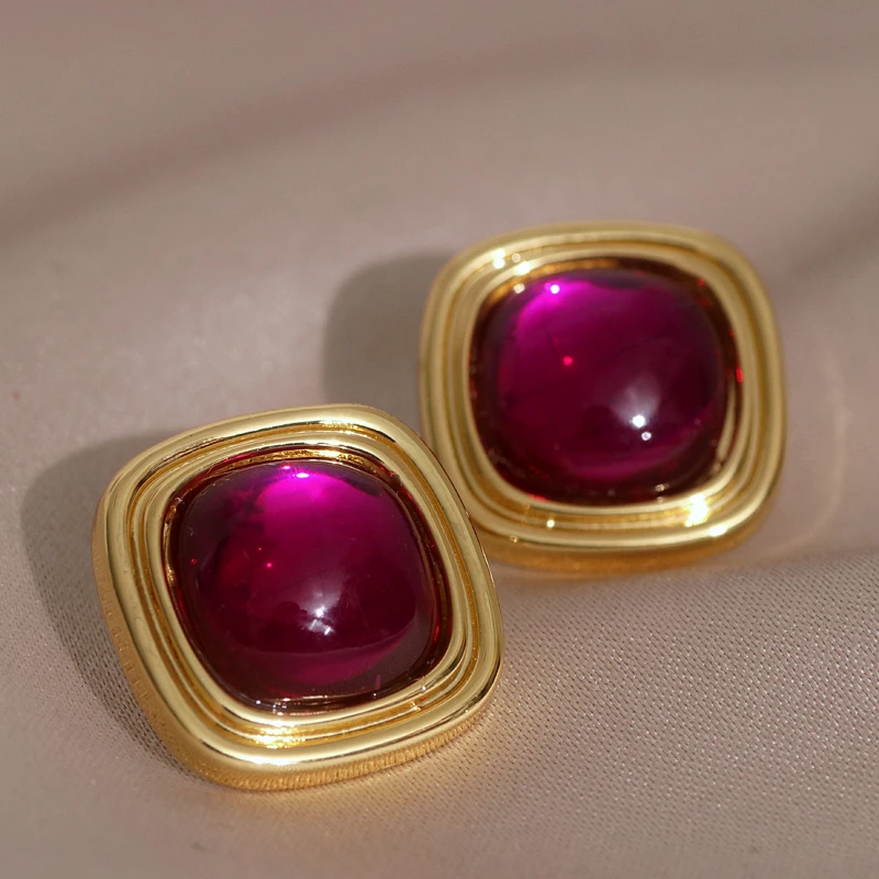 Vintage Gold Color Geometric Square Stud Earrings for Women Trendy Korean Retro Colorful Crystal Earrings Jewelry Accessories