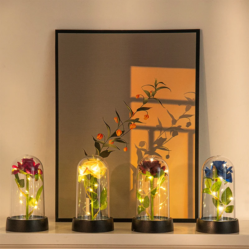 Flores de rosas eternas Flor de lámina artificial en cristal Resplandor Flor inmortal Lámpara de rosas LED Flores Eternas Regalo del día de San Valentín