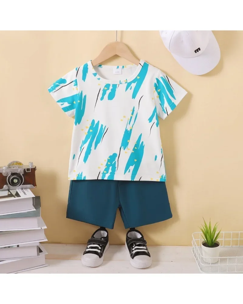 2PCS Kids Boy Clothing Set Fashion Cool Print Short Sleeve T-shirt+Blue Shorts Summer Sport Suit for Children Boy 1-6 Years