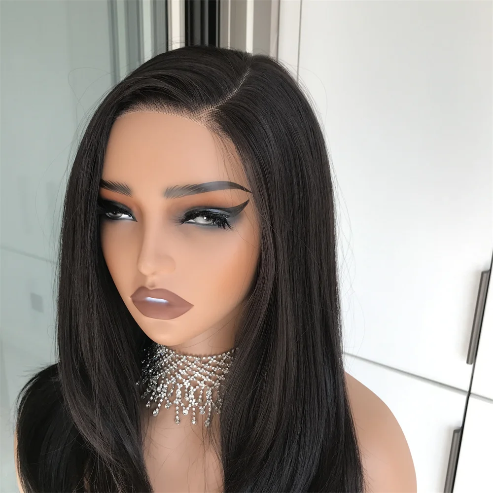 Layered Straight Wear and Go Glueless Wig Synthetic Lace Front Wigs for Women Side Part 18inch Natural Black Color Daily Use