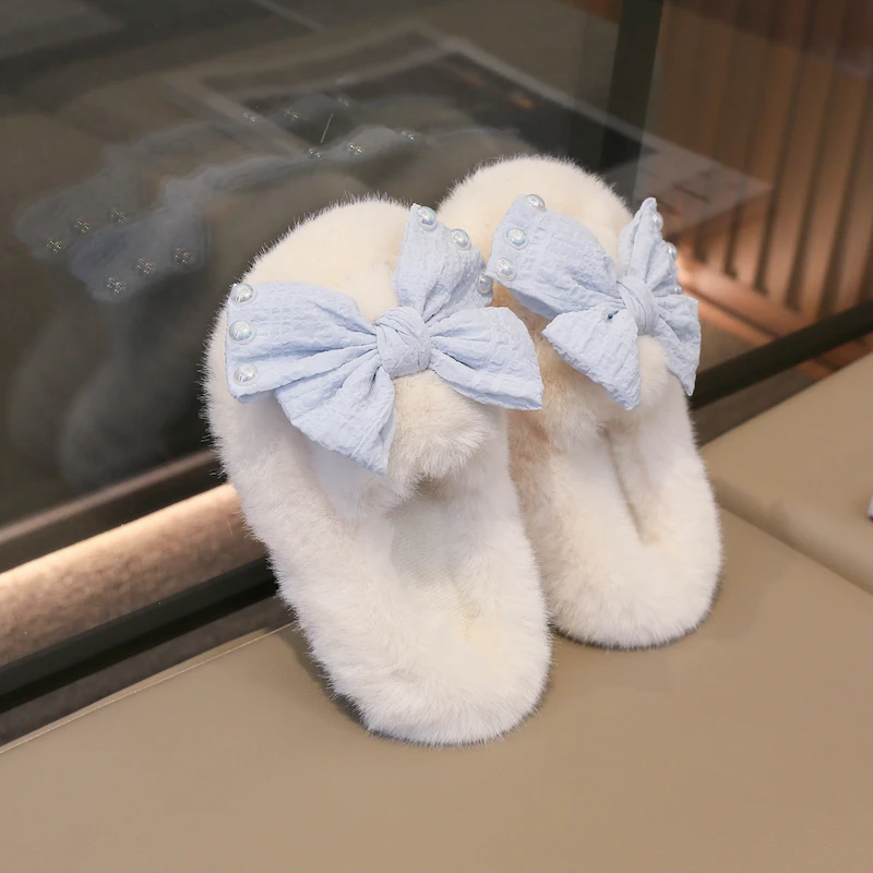 New Slippers For Home For Children Girls Princess Autumn Winter Furry Cute Flip Flops Bow Indoor Wooden Floor Warm Cotton Sandal