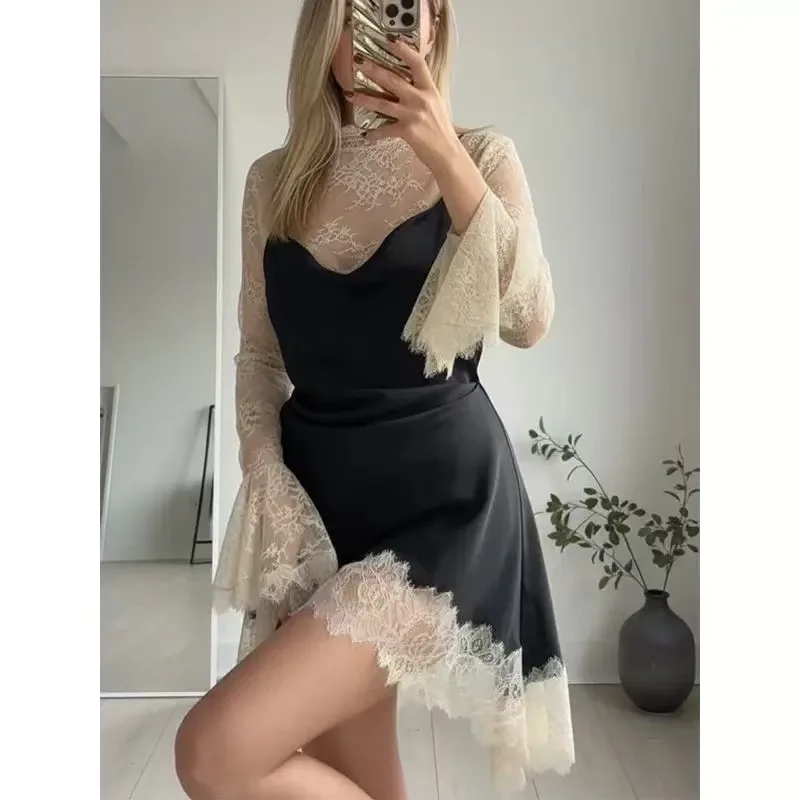 Schickes Transparentes Spitzenkleid mit Trompetenärmeln für Damen, Zweiteiliges Look, Satin-Slip-Kleid mit Raffungen, Elegantes Bodycon-Kleid für Alltag und Dates, Schwarzes Kleid – Detail 2