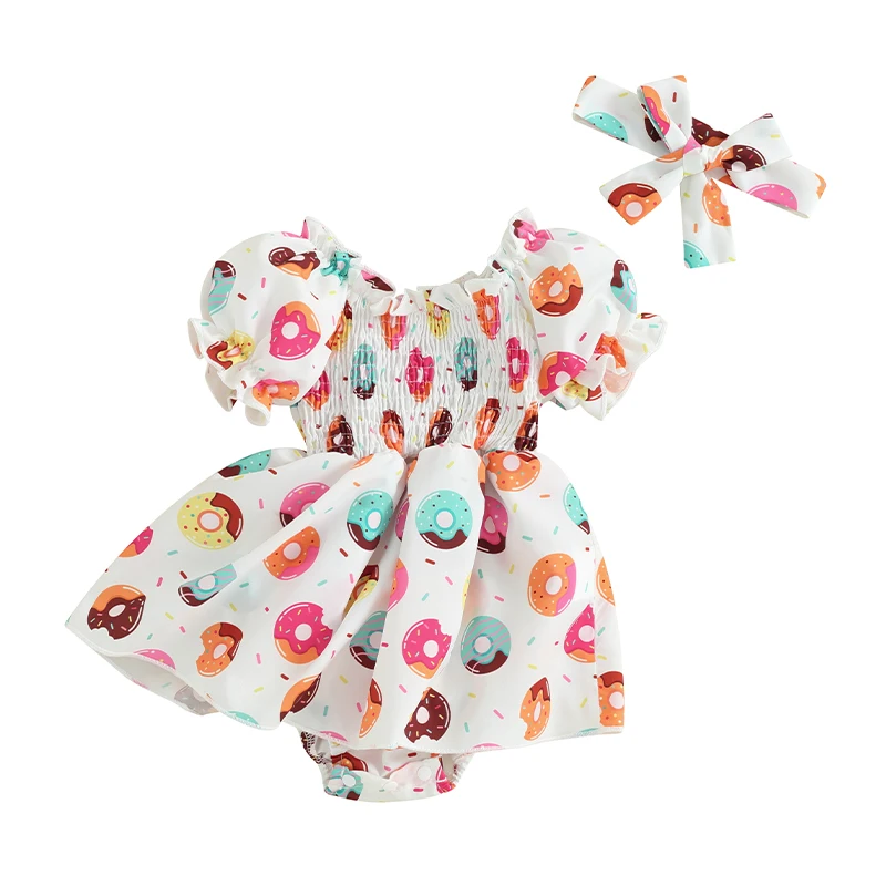 

Birthday Outfit Baby Girl Romper Dress Short Puff Sleeve Donut Print Ruffle Bodysuit Headbands Infant Summer Clothes