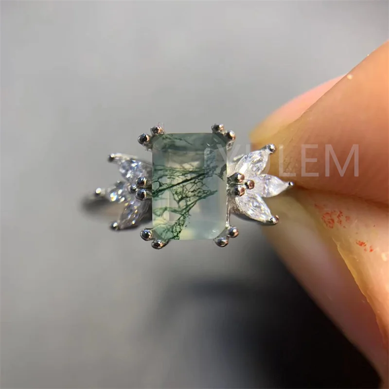 

YULEM Square Shape 5x7mm Natural Moss Agate Engagement Ring In 925 Sterling Silver Women's Promise Ring