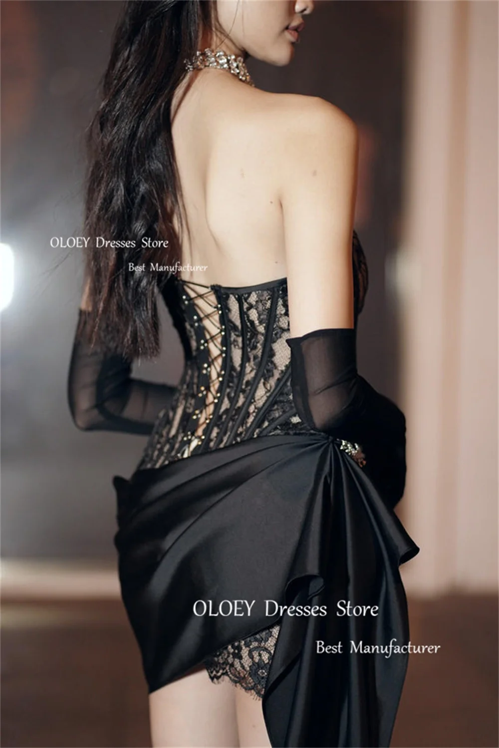 OLOEY Sexy Black Mini Evening Dresses Photoshoot  Strapless Embroidery Lace Prom Dress Custom Wedding Party Formal Occasion Gown