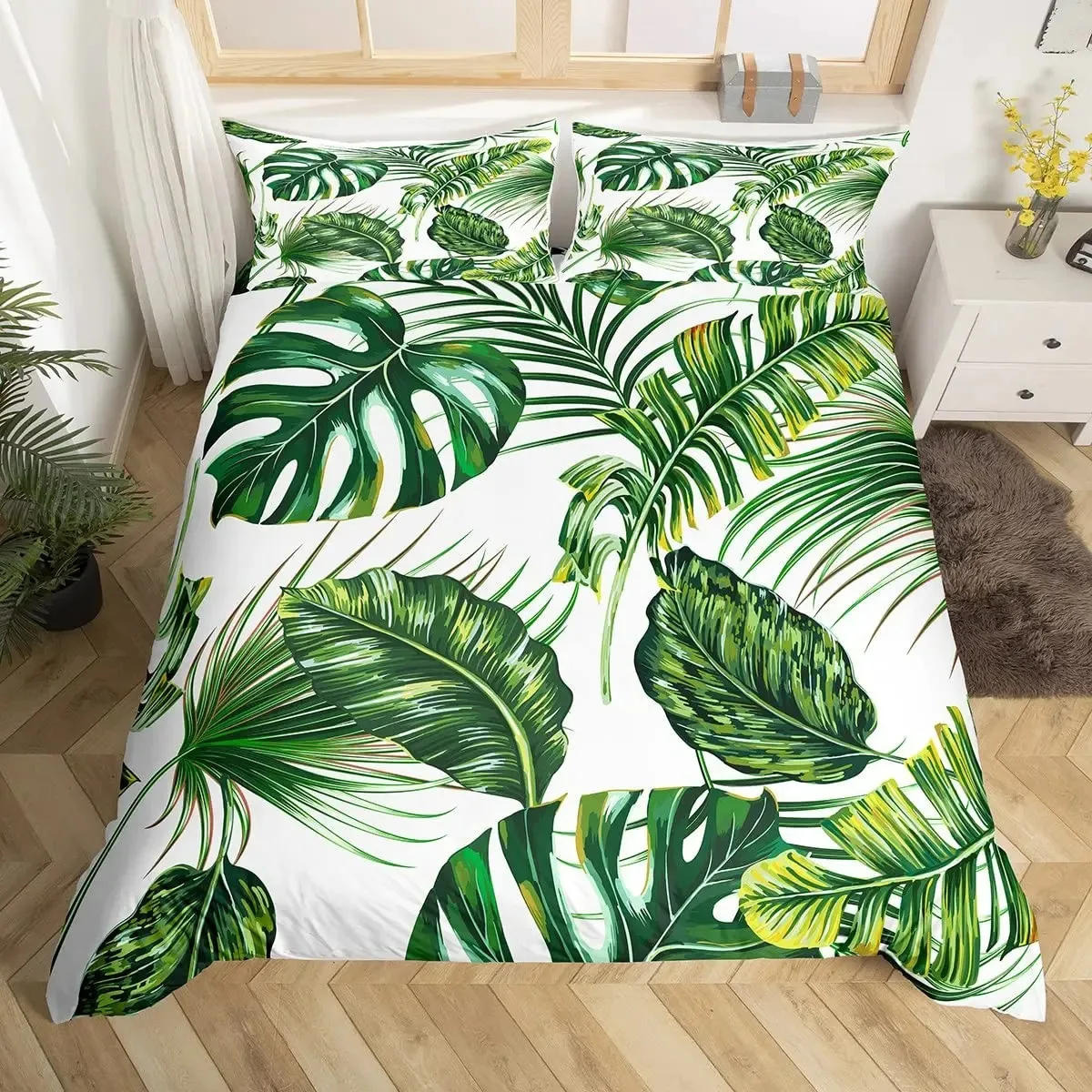 

Palm Leaves Comforter Cover Monstera Banana Leaves Duvet Cover Sets Hawaiian Tropical Green Leaves Branches Bedding Sets Queen