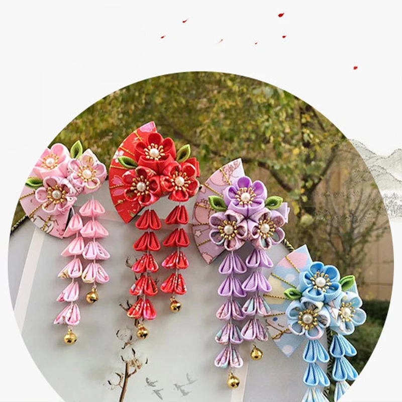 Japanese Style Hairpin Fabric Flower Tassel Hair Clips Kimono Hair Accessories Women Hairpin Headdress Barrettes Hairpins