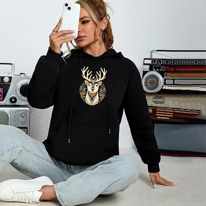 

Deer Print Hoodie, Drawstring Fashion Hooded Sweatshirt For Winter & Fall, Women's Clothing