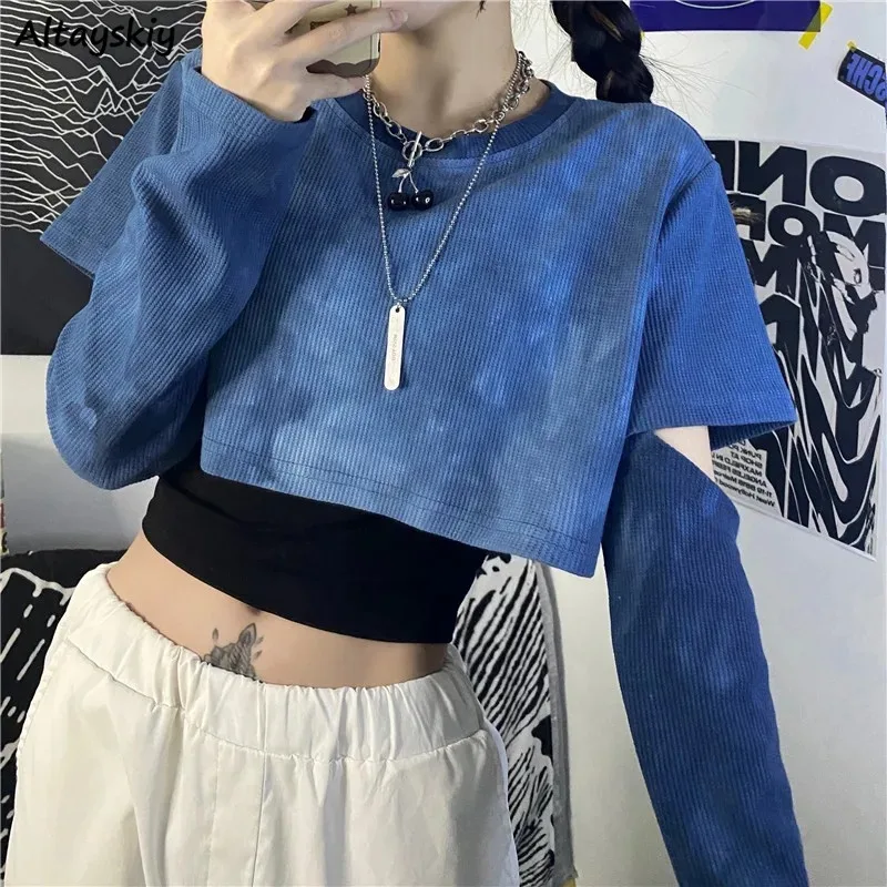 Crop T-shirts for Women Long Sleeve Tie Dye Design Chic All-match Spring Clothing Students Cool Girls Soft O-neck Niche Leisure