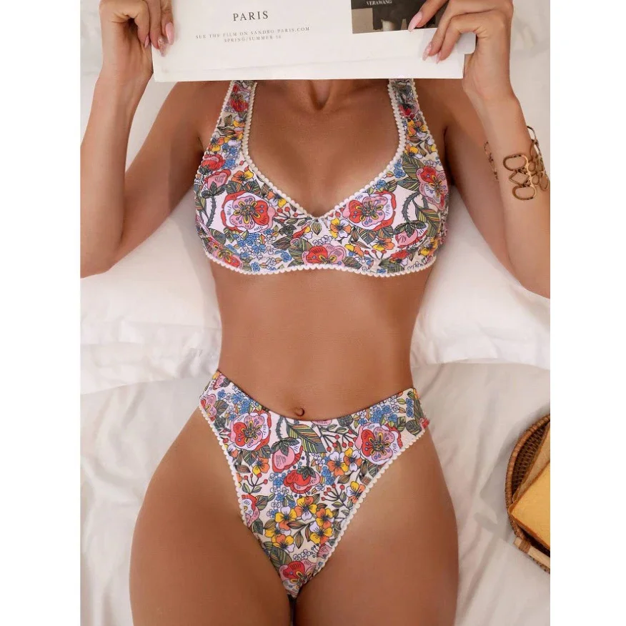 

Sexy Flower Print Push Up Bikinis Set 2024 Women Underwired Swimwear High Waist Swimsuits Back Knotted Beach Wear Bathing Suit