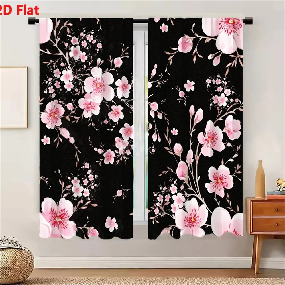 2Pcs Curtains Seamless Floral Pattern With Soft Pink Blossoms On Black Background For Textiles Wallpaper And Stationery Window D