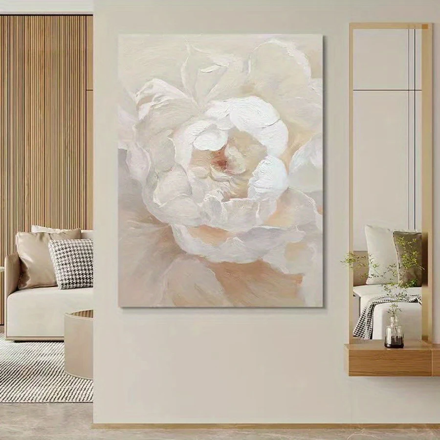 Abstract Peony Painting – Creamy Style Floral Wall arts with Soft Pink & Beige Petals, Frameless Luxury Modern Decor Posters for