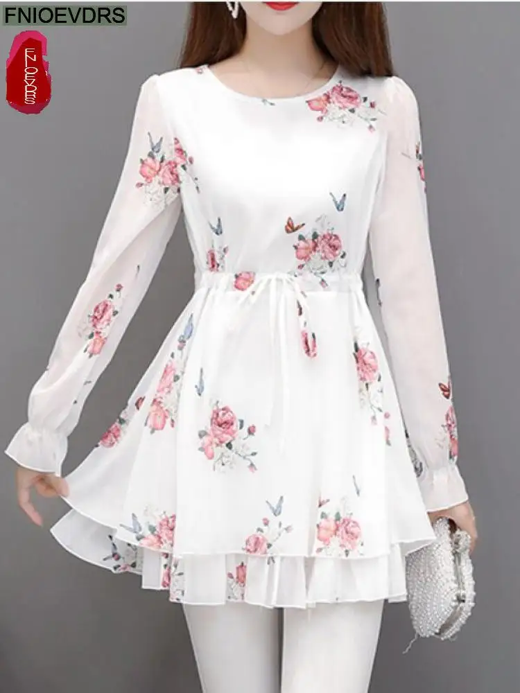 2022 Women Retro Elegant Office Lady Vintage Loose Floral Print Ruffles Peplum Tops Belly Long Tunic Basic Shirts Blouses 4239