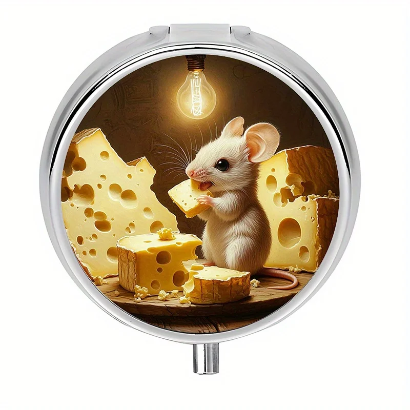 1 pill box with 3 compartments, cute mouse and cheese themed mini pill container, pill organizer, perfect for travel and storing vitamins