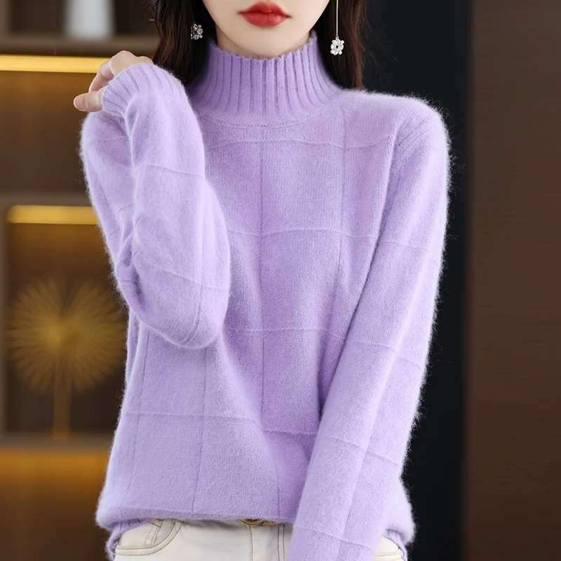 Autumn and Winter New High Collar Women\'s Sweater 100% Pure Mink Cashmere Knitted Pullover Solid Color Slim Fit Fashion Top