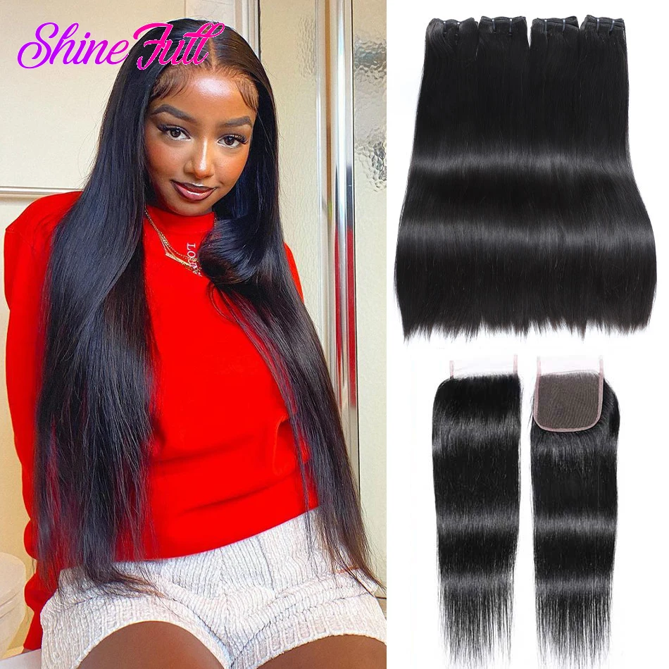 Bone Straight Hair Weaving 4 bundles with one 5x5 Lace Closure 12A Double Drawn Human Hair Extensions For Women Brazilian hair