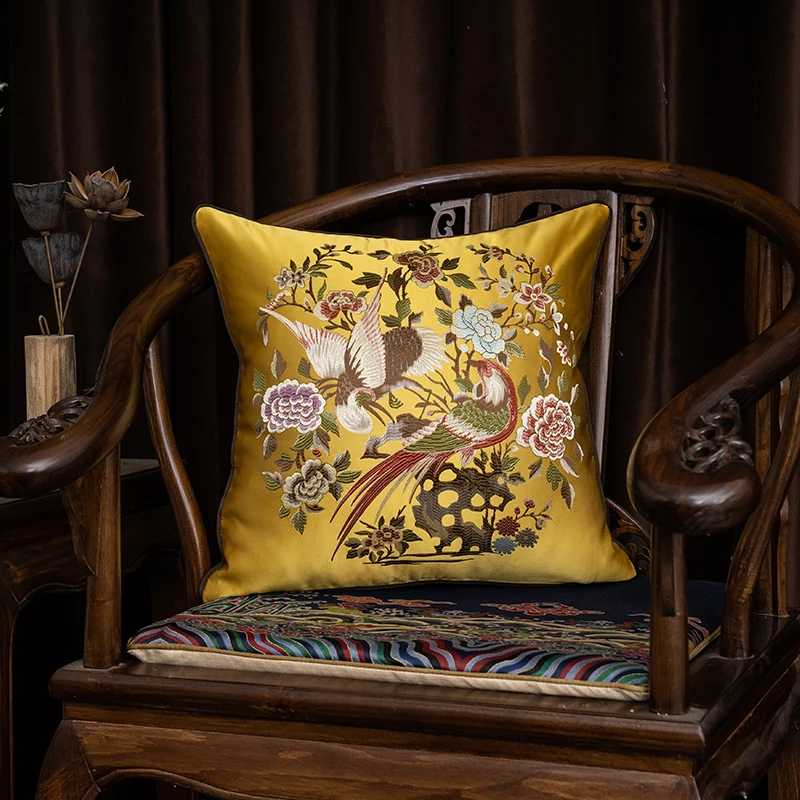 Chinese Birds Pillows Retro Jacquard Cushion Case Luxury Golden Green Decorative Pillow Cover For Sofa Chair Home Decorations