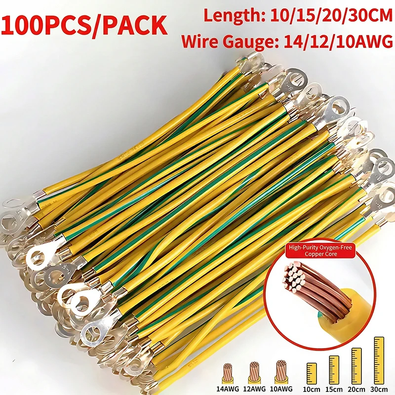 100 PCS Fio de Aterramento BVR PV – Cabo de Terra Amarelo-Verde 14/12/10AWG com Terminal de Cobre de 5/6/8mm para Segurança do Sistema de Painéis Solares