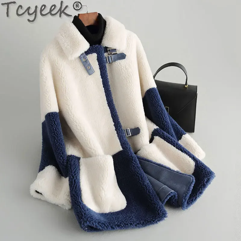 Tcyeek 100% Wool Jacket Fashion Sheep Shearling Coat Ladies Winter Jackets for Women Mid-length Grain Wool Coat Casaco Feminino