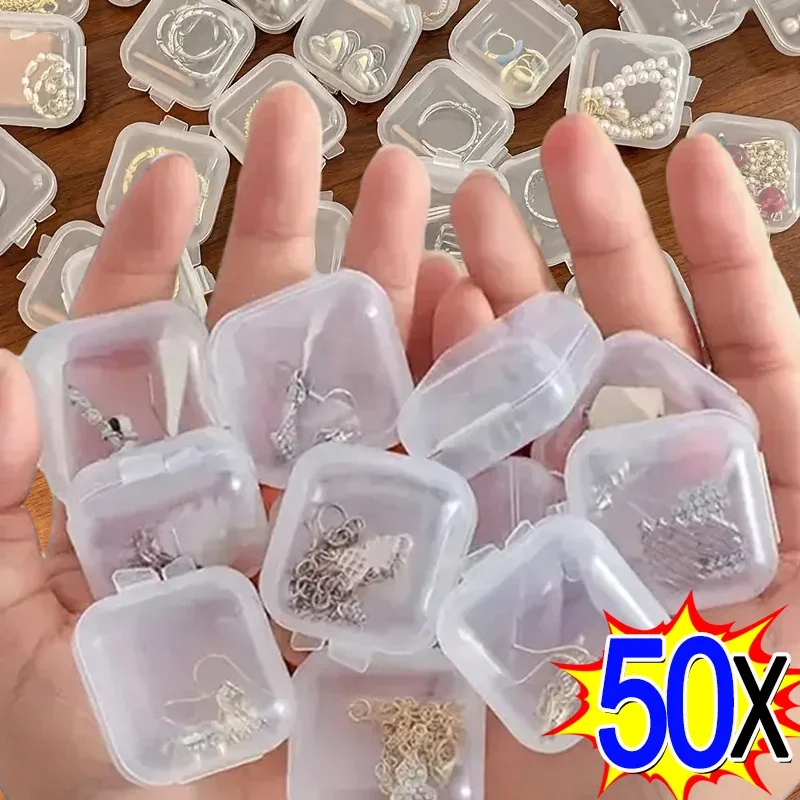 10/50pcs Mini Square Storage Box Transparent Plastic Flip Cover Small Case Pill Jewels Dustproof Storage Pack Boxes Wholesale