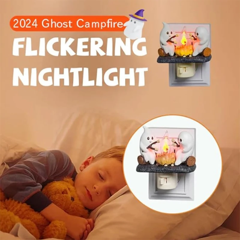 Ghost Campfire Flickering Night Light,Halloween Night Lights Plug into Wall,Ghost Pumpkin Night Light Dusk to Dawn LED Lamp 0.5W