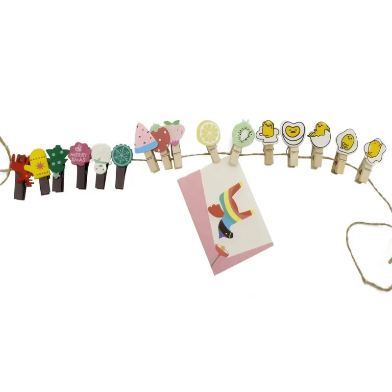 1pack/lot Cute Cartoon Wooden Clip Photo paper Craft Clips Party Decoration Clip Set With Rope
