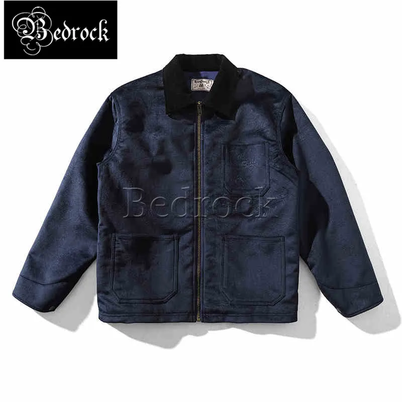 MBBCAR 400g Dark Blue Men's Vintage Railroad Workwear Jacket Tang Sketch Embossed Velvet Fabric Autumn Winter Warm Coat For Men