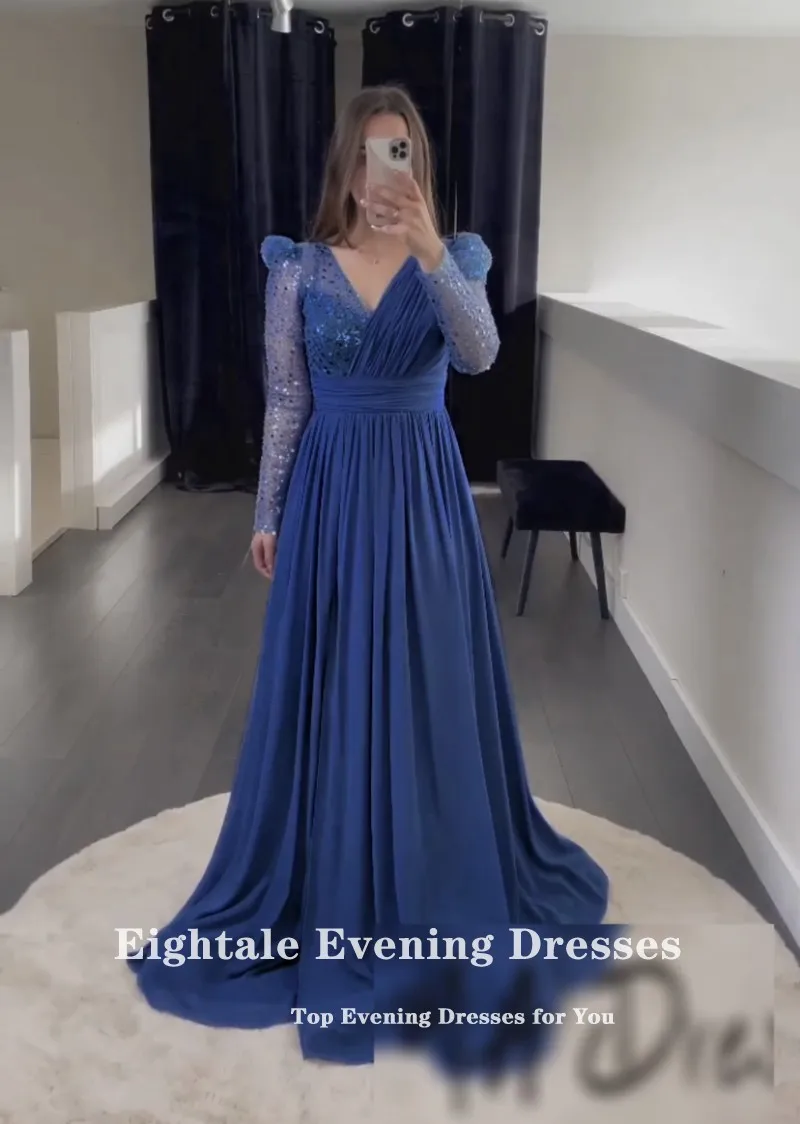 Eightale Evening Dress for Wedding Party V-Neck Long Sleeves Chiffon Blue Customized Sparkly Arabic Prom Gown vestido de noche