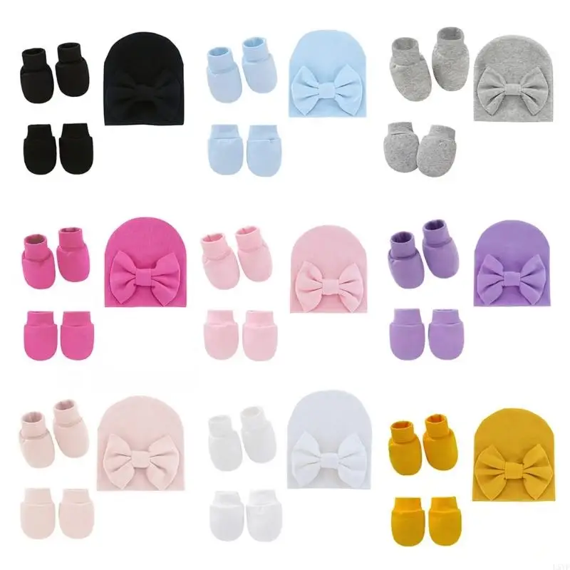 L5YF Baby Bowknot Hat No Scratch Gloves Foot Cover Set Infants Soft Cotton Mittens