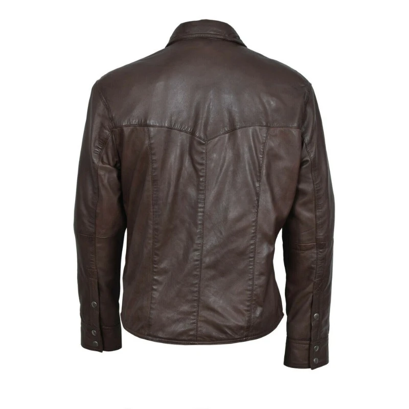 Men Genuine Lambskin 100% Leather Shirt Jacket Biker Dark Brown Button Coat