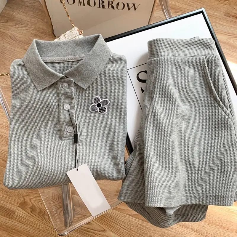 Sweet Preppy Style Summer New Women\'s Polo-Neck Button Embroidery Spliced Casual Stylish Loose Half Sleeve Elastic Shorts Sets