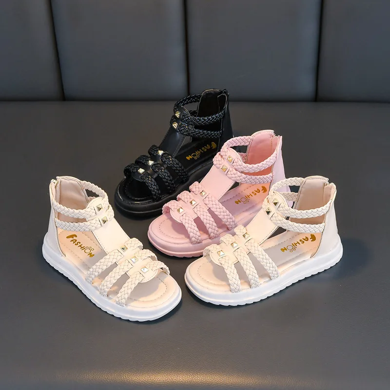 Kids Summer Sandals for Girls 2023 New Versatile Korean Style PU Soft Non-slip Flat Casual Weave Gladiator Sandals Princess Soft