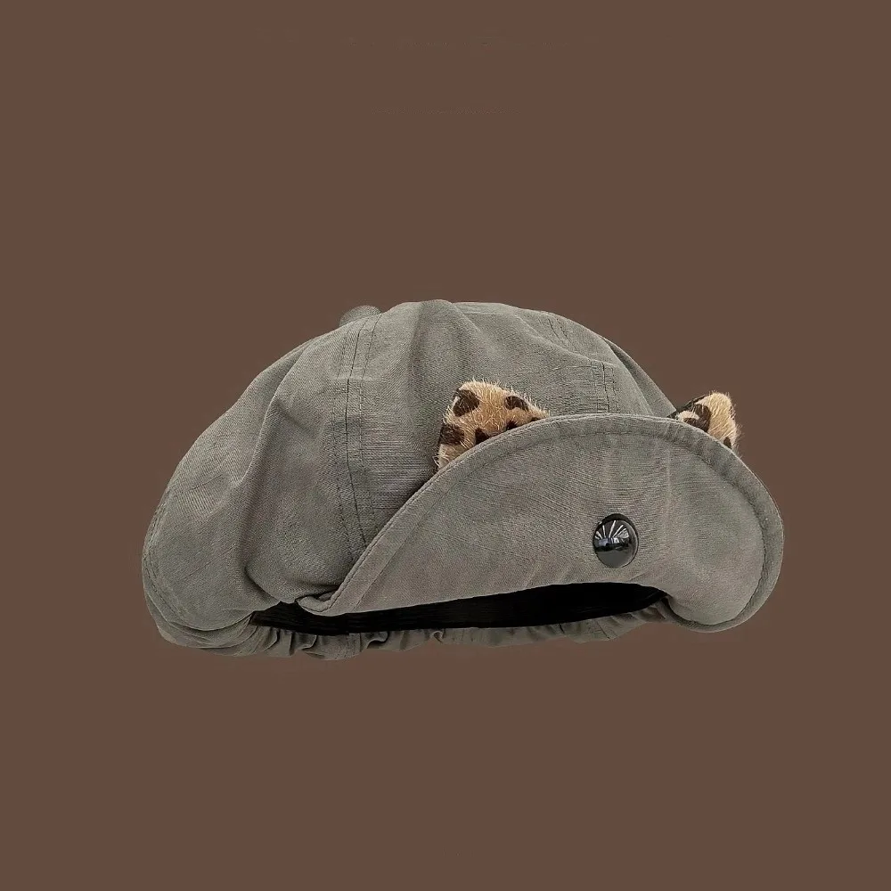 

Cute Vintage Cat Ears Beret Leopard Flipped Brim Painter Berets Versatile Y2k Beanie Cap Female